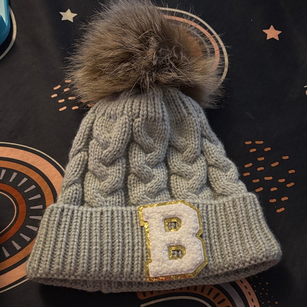 Gray Knit Pom-Pom Beanie with Initial Patch